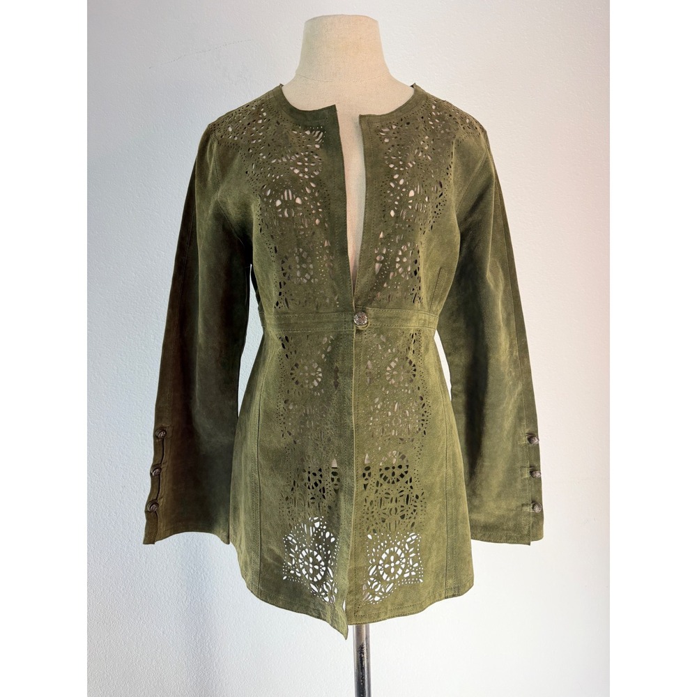 Vintage Y2K Willi Smith Green Suede Leather Jacket Eyelet Cut Womens Medium Boho